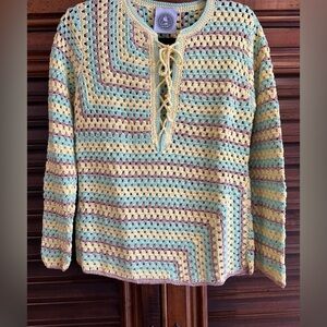 Happy Sheep Striped Boho Crochet Lace-Up Neck Medium Sweater Copper-Yellow-Mint